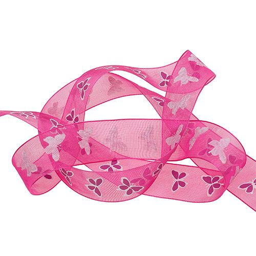 Deco ribbon with butterfly pink 25mm 20m | Floristik24.ie