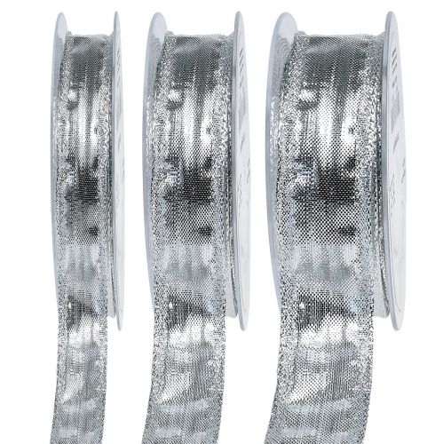 Decorative ribbon silver with wire edge 25m