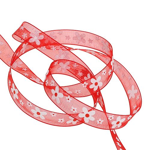 Product Deco ribbon red with flowers 15mm 20m