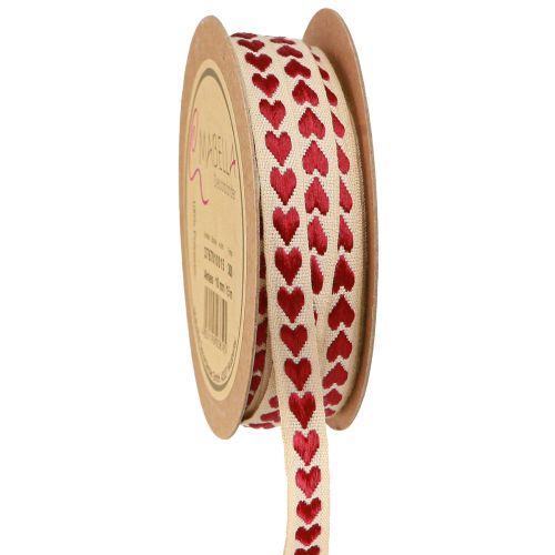 Decorative ribbon with red hearts gift ribbon beige 10mm 15m