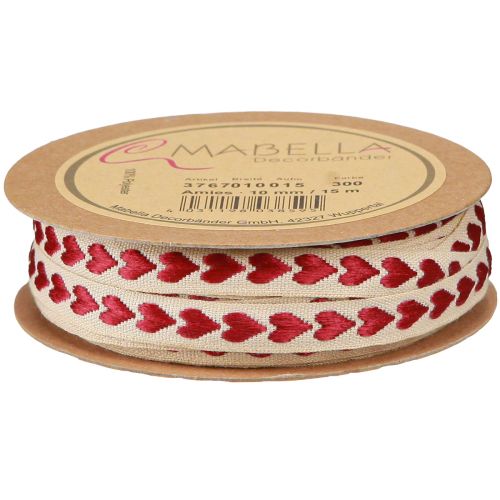 Product Decorative ribbon with red hearts gift ribbon beige 10mm 15m