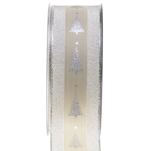 Floristik24 Deco ribbon gray, silver with fir 40mm 15m