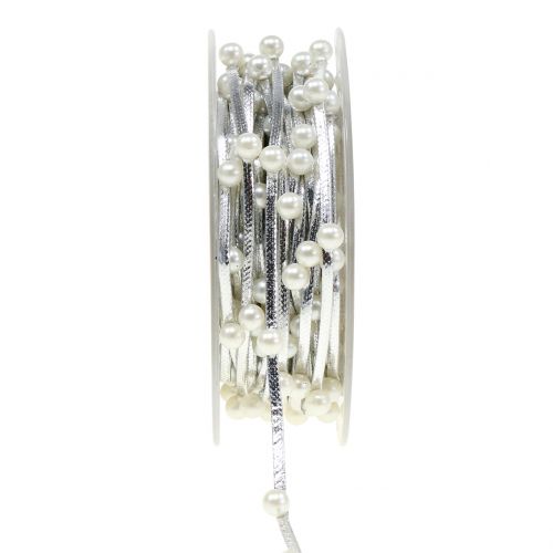 Floristik24 Decorative ribbon silver with pearls 10mm 8m