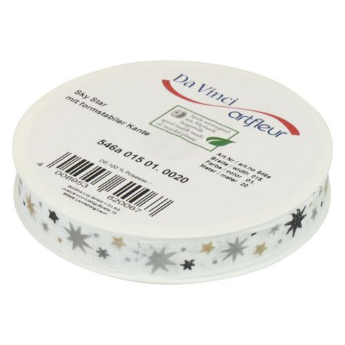 Floristik24 Ribbon Christmas gift ribbon white star pattern 15mm 20m