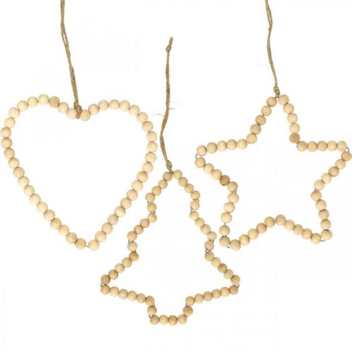 Deco hanger Christmas wooden beads heart star tree H13cm 3pcs