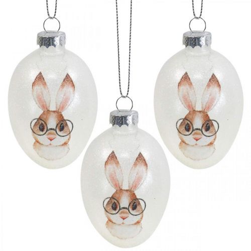 Deco hanger glass deco eggs rabbit with glasses glitter 5x8cm 6pcs