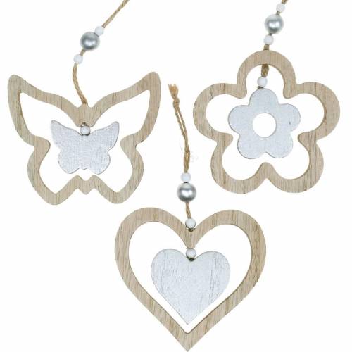 Floristik24 Decorative Hanging Heart Flower Butterfly Natural, Silver Wooden Decoration 6 Pcs