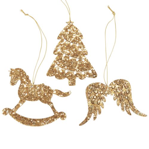 Floristik24 Decorative Hanging Wood Gold Glitter Christmas Tree Decoration 10cm 6 Pcs