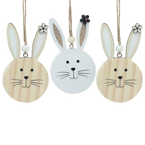 Decorative hanger wooden rabbit head natural white gold 10.5cm 8 pcs