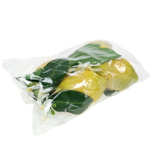 Floristik24 Decorative fruit, lemons with leaves yellow 9.5cm 4pcs