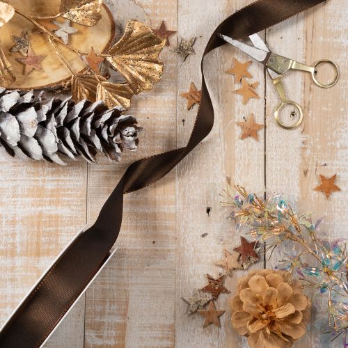 Brown taffeta ribbon on a roll, versatile for decoration, 25mm wide, 50m long | Floristik24.ie