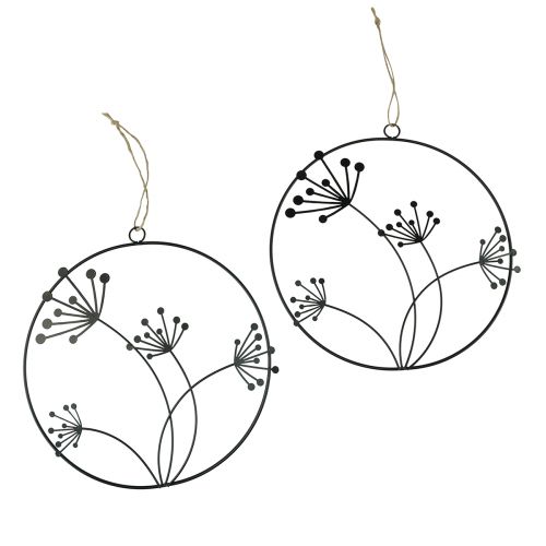 Product Decorative metal ring, black, hanging decoration, flowers, Ø23cm, set of 2, summer wall decoration