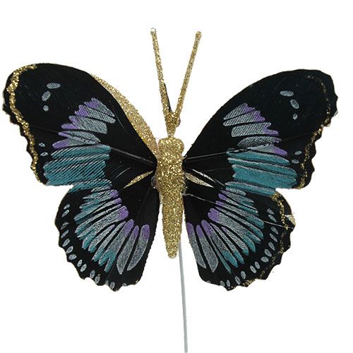 Product Feather butterfly on wire black assorted 7.5cm - 8.5cm 6pcs