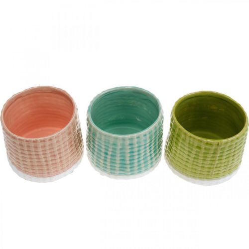 Floristik24 Decorative pots with basket pattern, planter, ceramic planter mint/green/pink Ø13cm 3pcs