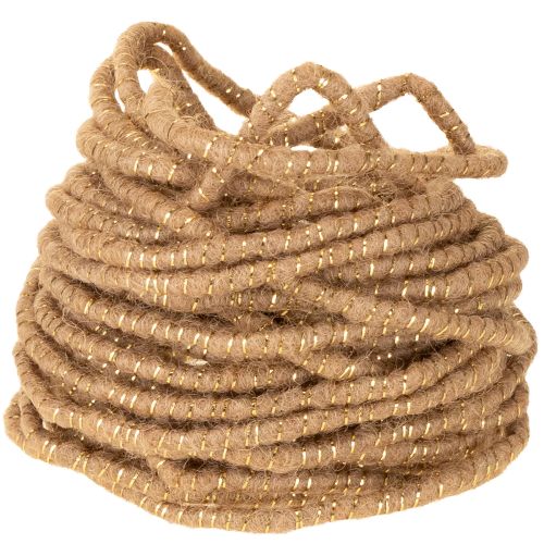 Brown wool cord with gold thread, 5m x 5mm with wire, for decoration and crafting