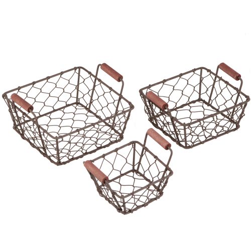 Floristik24 Wire basket, planter, metal/wood, 16/14/11.5cm, set of 3.