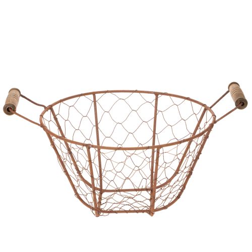 Vintage round wire basket with wooden handles, metal basket, rust finish, Ø22cm | Floristik24.ie