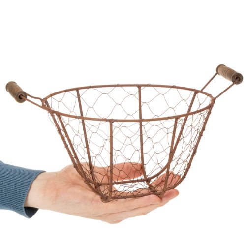 Vintage round wire basket with wooden handles, metal basket, rust finish, Ø22cm | Floristik24.ie