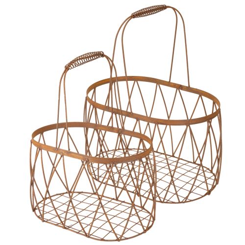Product Oval wire basket with handle, garden decoration, rust finish, 30/25cm, set of 2