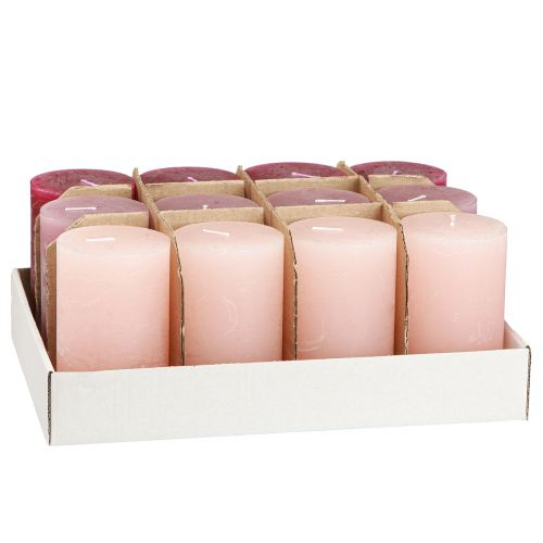 Product Pillar candle set, 3 colors, berry pink tones, marbled, decorative candles 60x100mm, 12 pieces