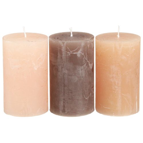 Product Decorative pillar candle set of 12 in brown, sand &amp; apricot, 60x100mm, solid color, marbled, long burning time