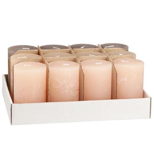 Product Decorative pillar candle set of 12 in brown, sand &amp; apricot, 60x100mm, solid color, marbled, long burning time