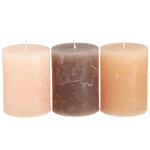 Product Pillar candle set, 3 colors: brown, apricot, sand, 60x80mm, 12 pieces, rustic decoration, long burning time