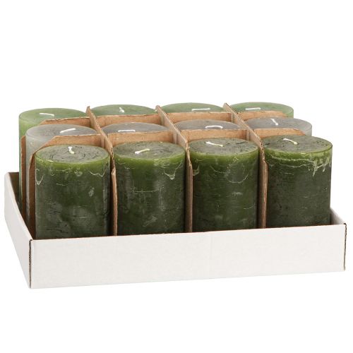 Product Set of 12 solid-colored pillar candles in green, 60x100mm, romantic decoration, long burning, for home decor and celebrations