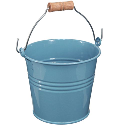Decorative Bucket Metal Wooden Handle Flowerpot Blue H16cm 2pcs