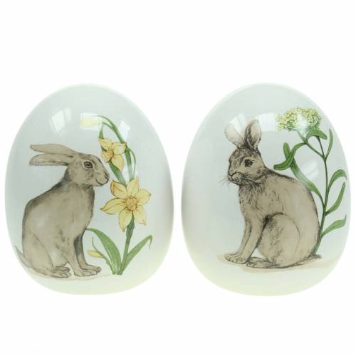 Ceramic egg white with rabbit motif Ø12.5cm H16cm 2pcs