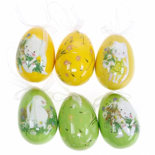 Decorative Easter bouquet egg to hang yellow, green assorted H7cm 6pcs
