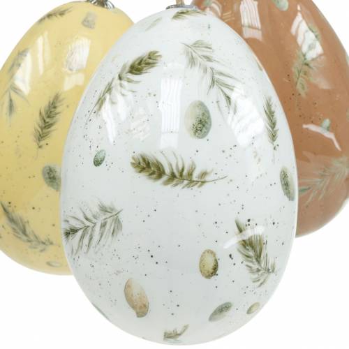 Product Easter eggs to hang with motif eggs and feathers white, brown, yellow assorted 3pcs