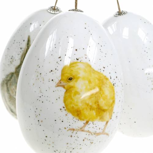 Product Easter eggs to hang with animal motifs chick, bird, rabbit white assorted 3pcs