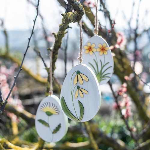 Product Eggs to hang, wooden Easter eggs, flower motif, dandelion snowdrop Winterling H14cm 3pcs