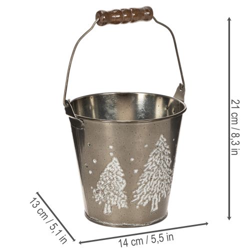 Decorative bucket with fir trees and wooden handle, 13cm | Floristik24.ie