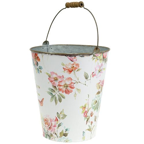 Floristik24 White bucket with flower pattern Ø20.5cm H22.5cm