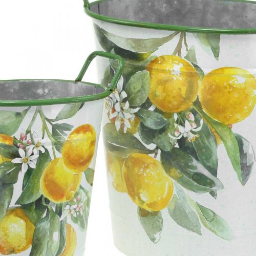 Product Mediterranean tin tub, planter with lemon motif white, green, yellow H43.5/34cm W36.5/27.5cm set of 2