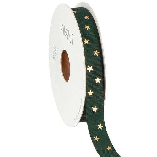 Floristik24 Elegant decorative ribbon in dark green with golden stars Width 15mm Length 20m