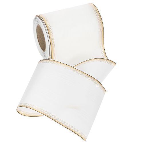 Elegant Moiré wreath ribbon, 125mm, white with gold edging - High-quality decorative ribbon for floristry and celebrations | Floristik24.ie