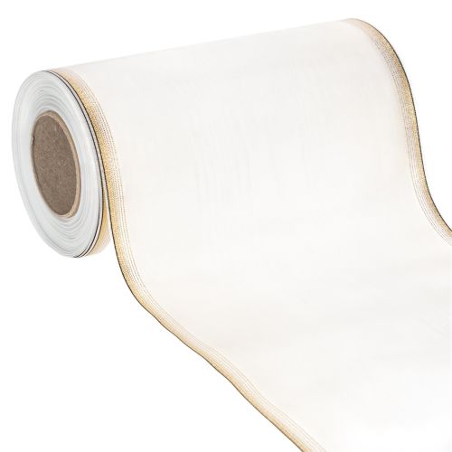 Floristik24 Elegant moiré wreath ribbon, 200mm white with gold pearl edge and special finish, 25m - Perfect for decorations &amp; celebrations