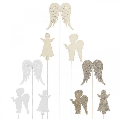Product Advent plug angel, wings to stick, wooden angel, Christmas decoration nature, white, gold glitter 18pcs