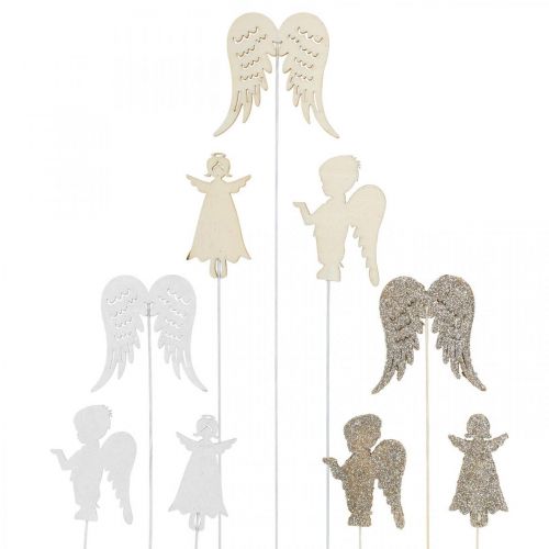 Floristik24 Advent plug angel, wings for sticking, wooden angel, Christmas decoration natural, white, gold glitter 18 pcs