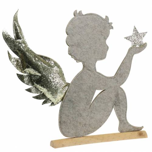 Christmas angel stand on birch trunk felt cream, gold H46cm
