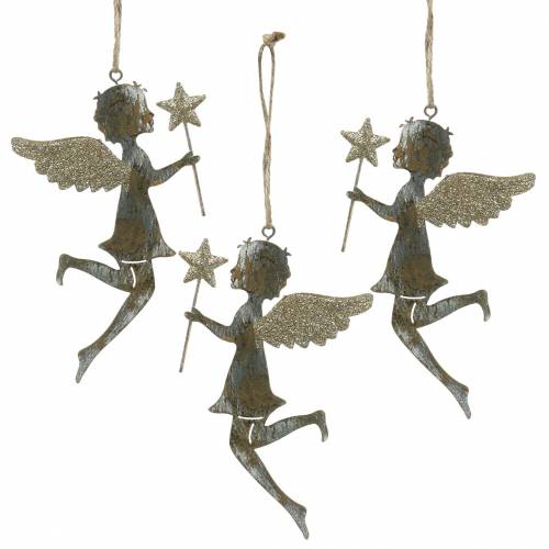 Floristik24 Decorative angel with magic wand to hang metal golden, silver 15.5cm × 9.5cm 3pcs