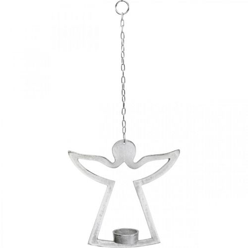 Product Tealight holder with angel, candle decoration to hang, metal silver H20cm