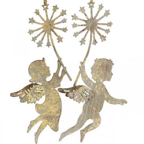 Floristik24 Angel with dandelion, Christmas decoration, decorative pendant, metal decoration golden antique look H16/15cm 4pcs