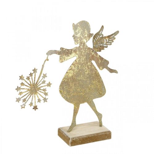 Decorative angel with dandelion, Advent decoration made of metal, Christmas angel golden antique look H21cm