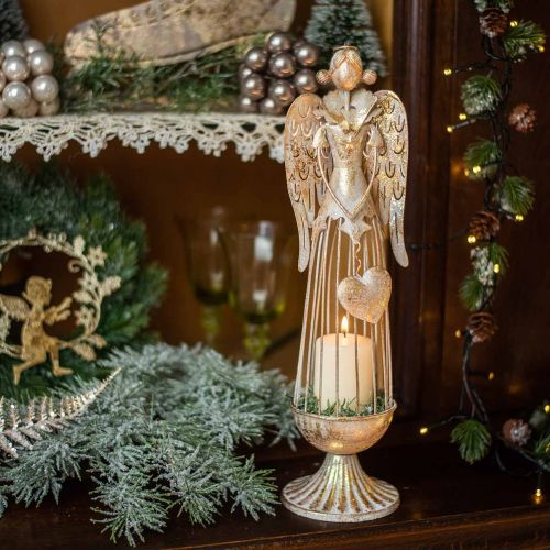 Product Angel figure with heart, Christmas decoration made of metal, decoration angel antique-golden H38cm