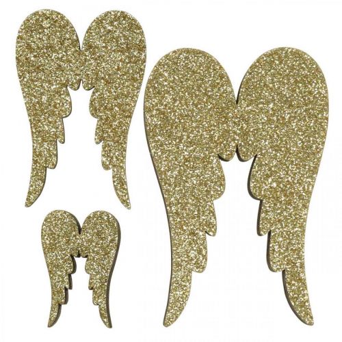 Scatter decoration, angel wings, Advent decoration, wings for decorating golden, glitter H7/5/3cm W4.5/3.5/2cm 18 pcs