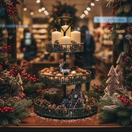 Metal tiered serving stand, green, three tiers, fir decor, round, 49cm | Floristik24.ie